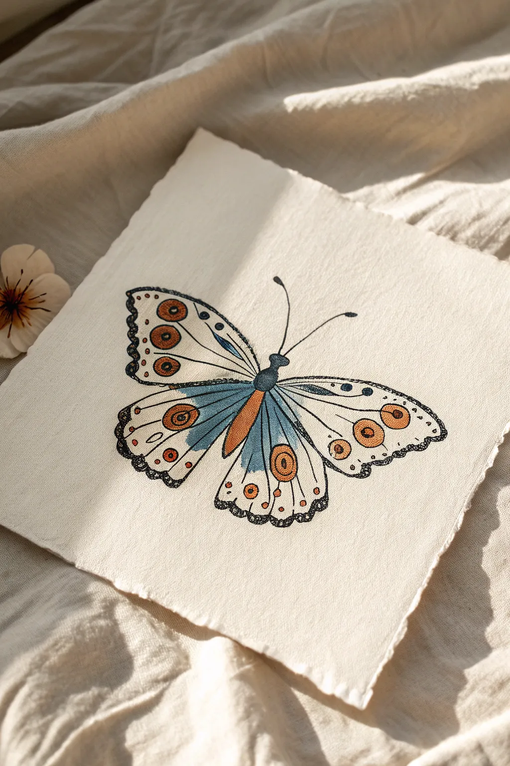 Symmetry-first butterfly doodle: mirrored wings with dots and teardrops, perfect for beginners.