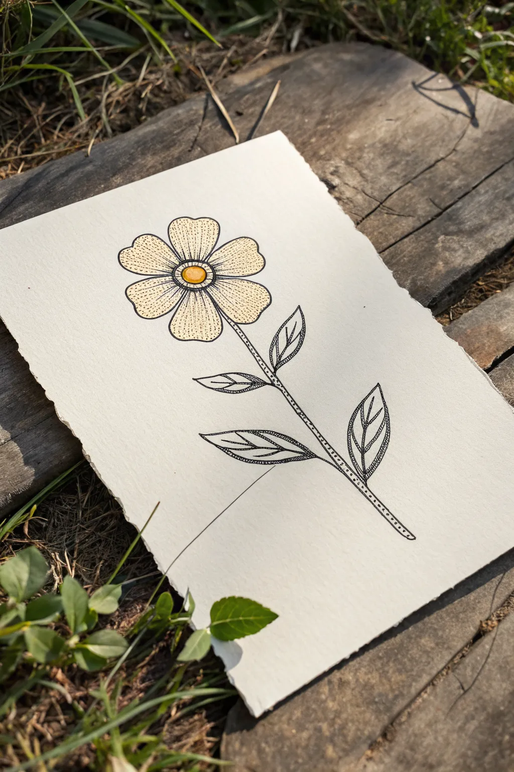 Easy five-petal flower sketch with simple hatching and leaves, a calming beginner drawing idea.