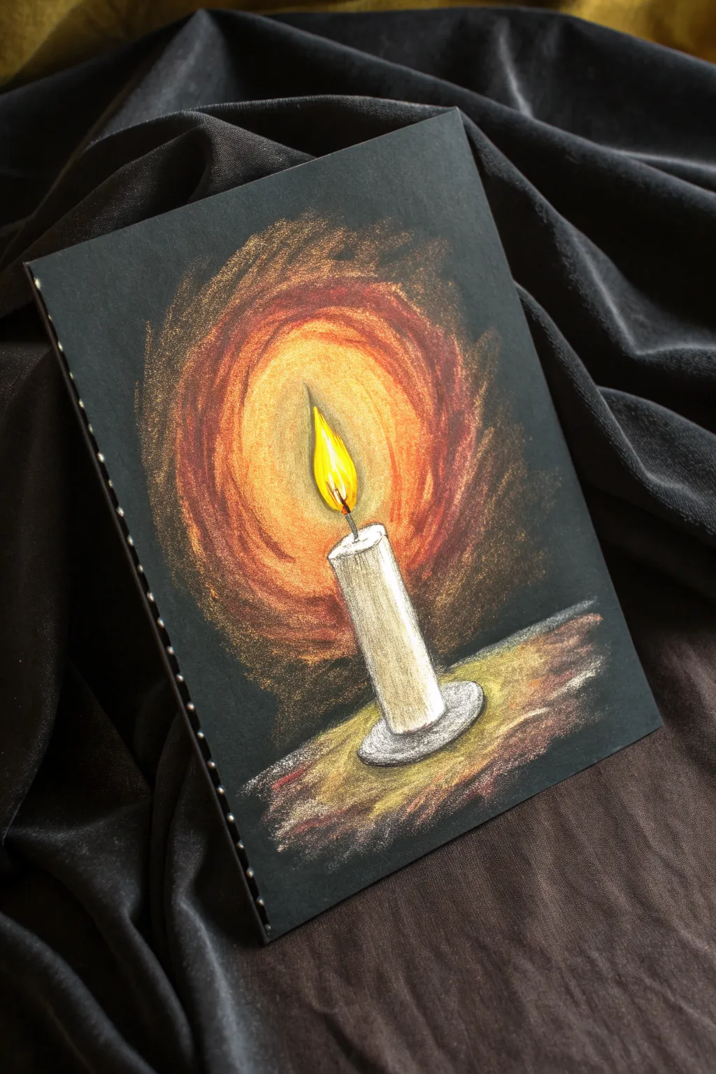 Beginner-friendly oil pastel candle glow: bold contrast on a dark background, simple and cozy.
