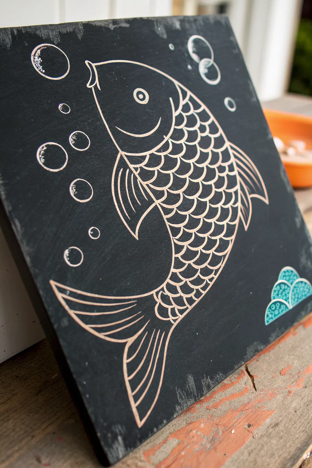 Beginner scratchboard fish with neat arc scales and bubbles, crisp black contrast, boho color pop.