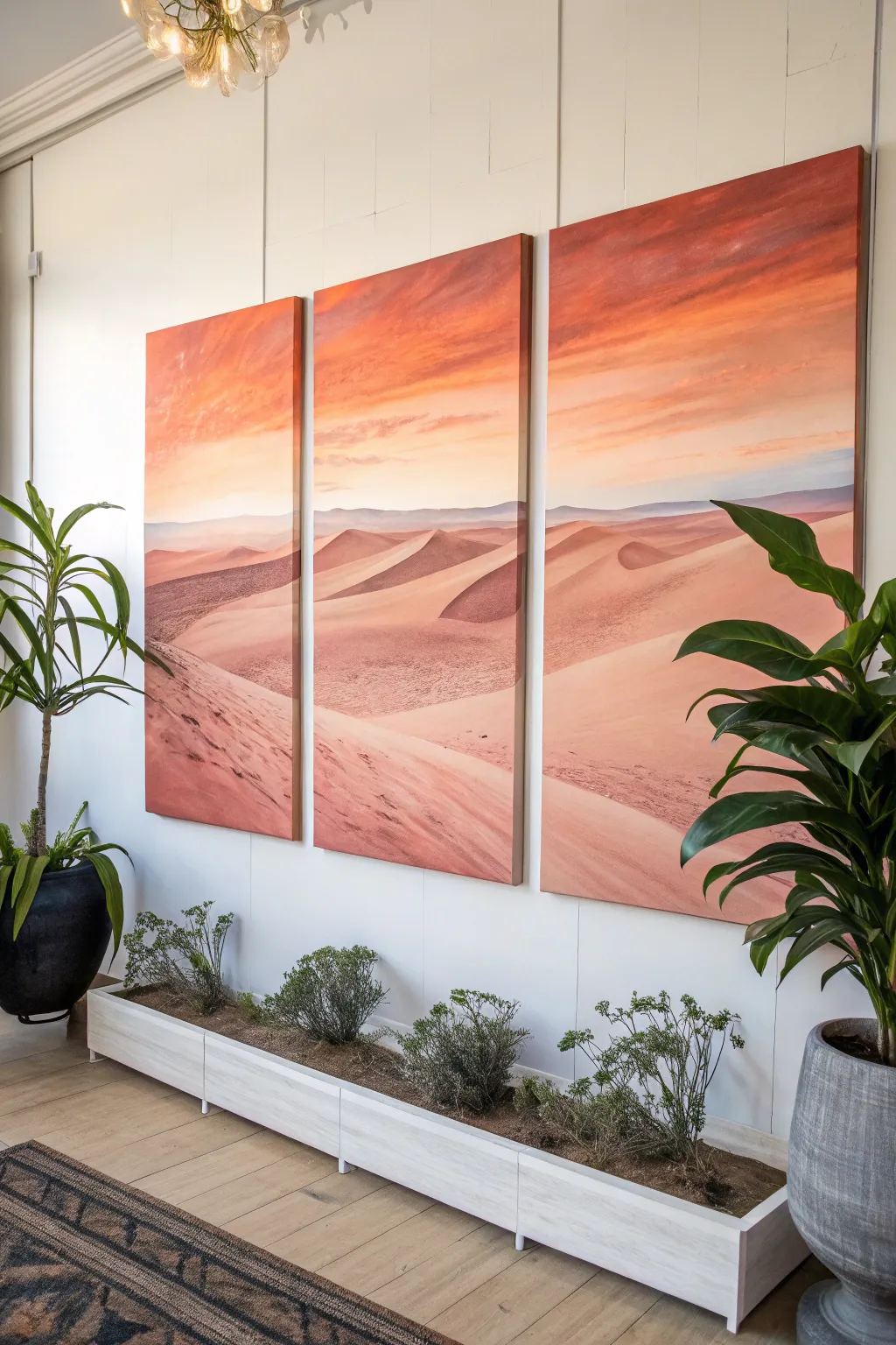 Easy desert sunset triptych with simple dunes and bold cactus silhouettes, warm minimalist vibes