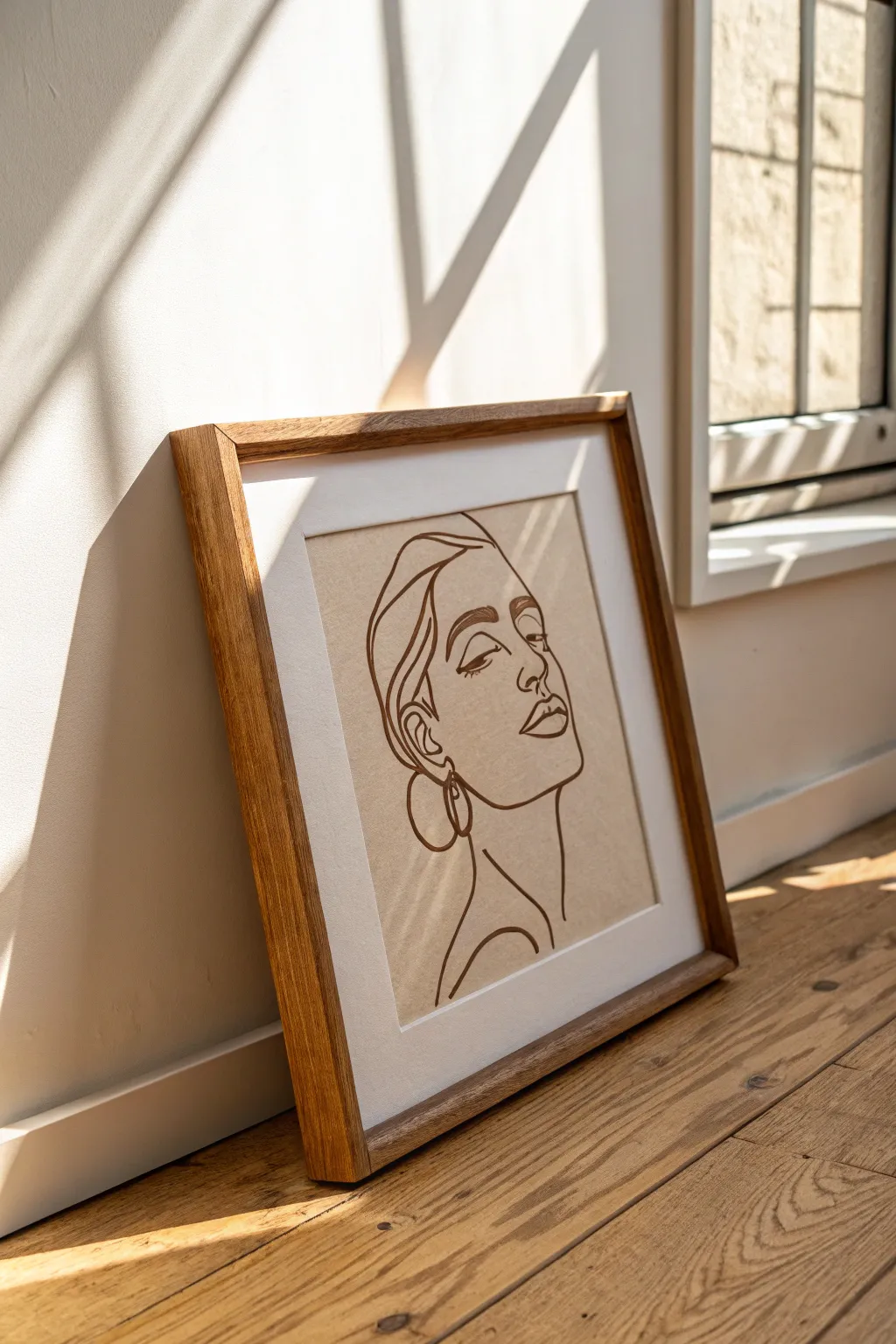 Minimal line face on beige ground in a warm wood frame for calm, modern Scandinavian vibes