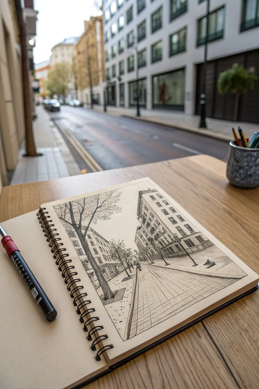 One-point perspective city street drawing with tiny story details in bold Scandinavian-boho color.