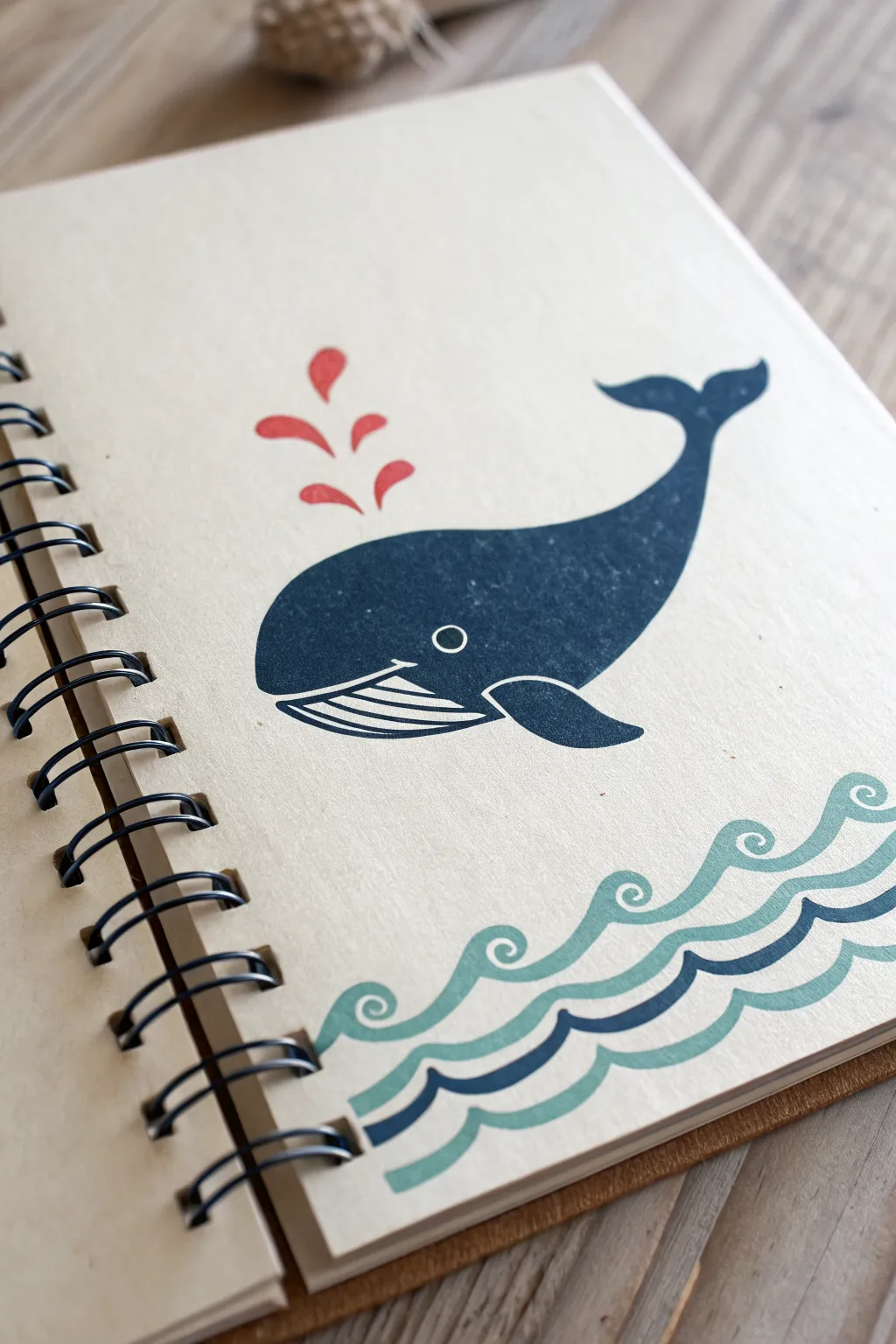 Easy whale silhouette with two waves and a tiny spout, minimalist Scandinavian boho vibe