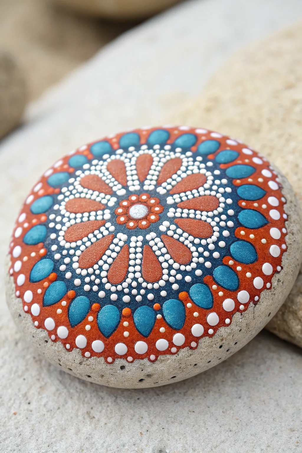Bold dot mandala burst on a large flat stone, clean minimal styling and satisfying texture