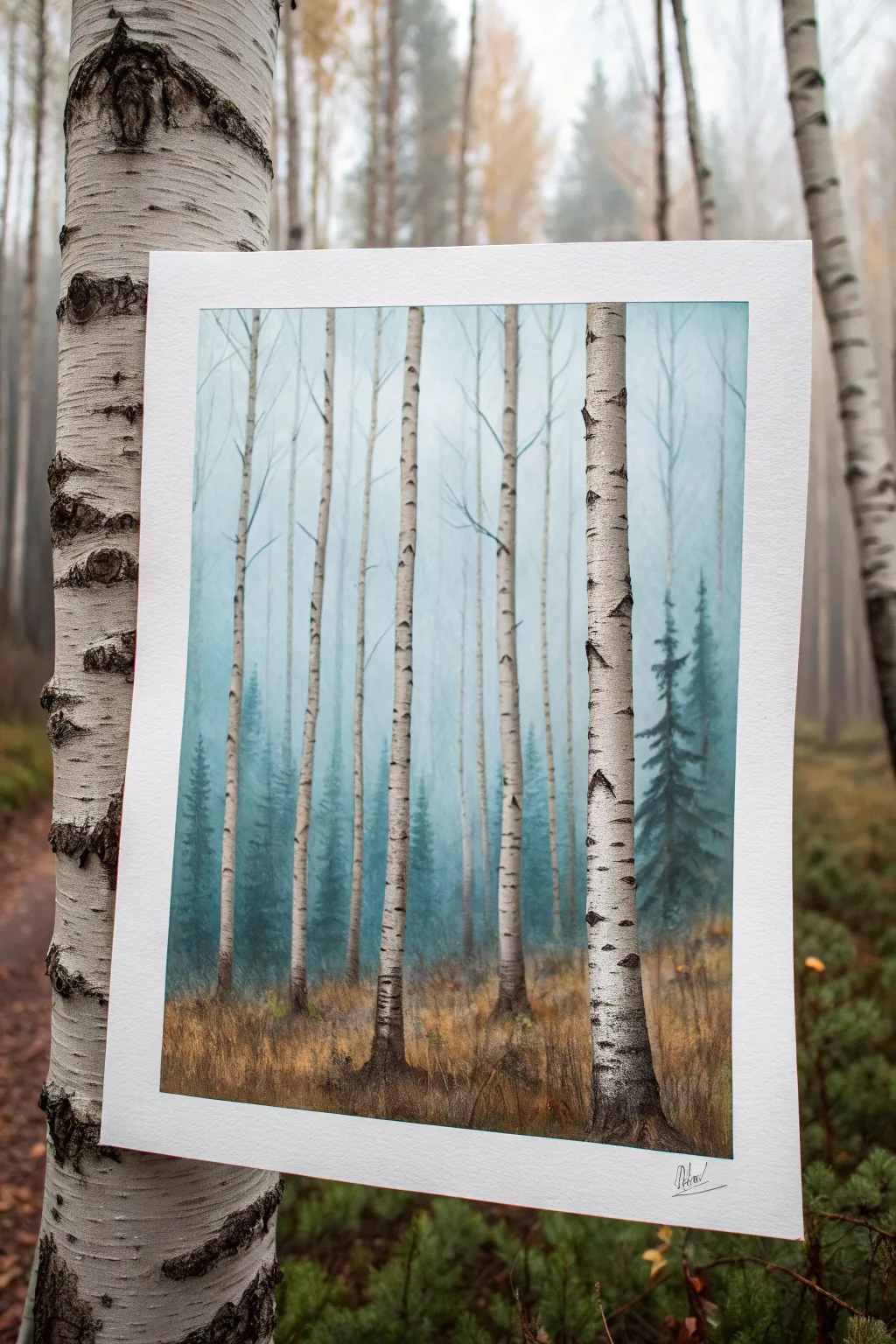 Misty birch forest painting idea with layered depth, soft fog, and bold black bark contrast