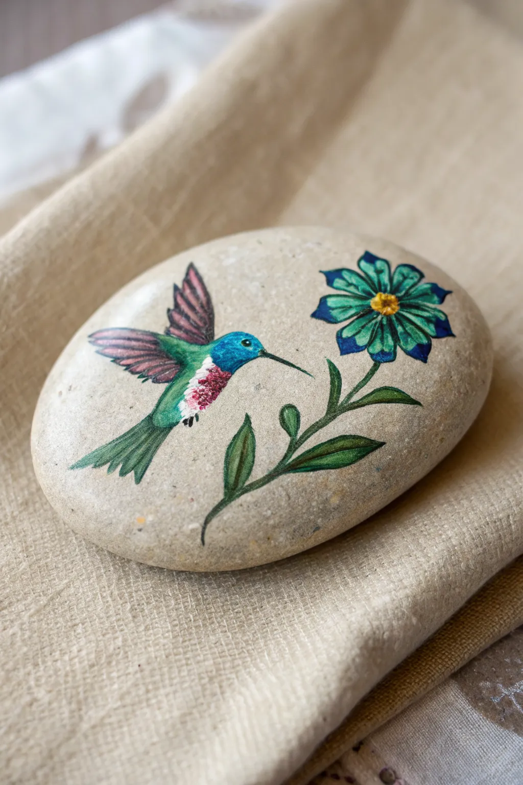 Jewel-tone hummingbird rock with shimmering highlights, minimalist boho styling for easy DIY