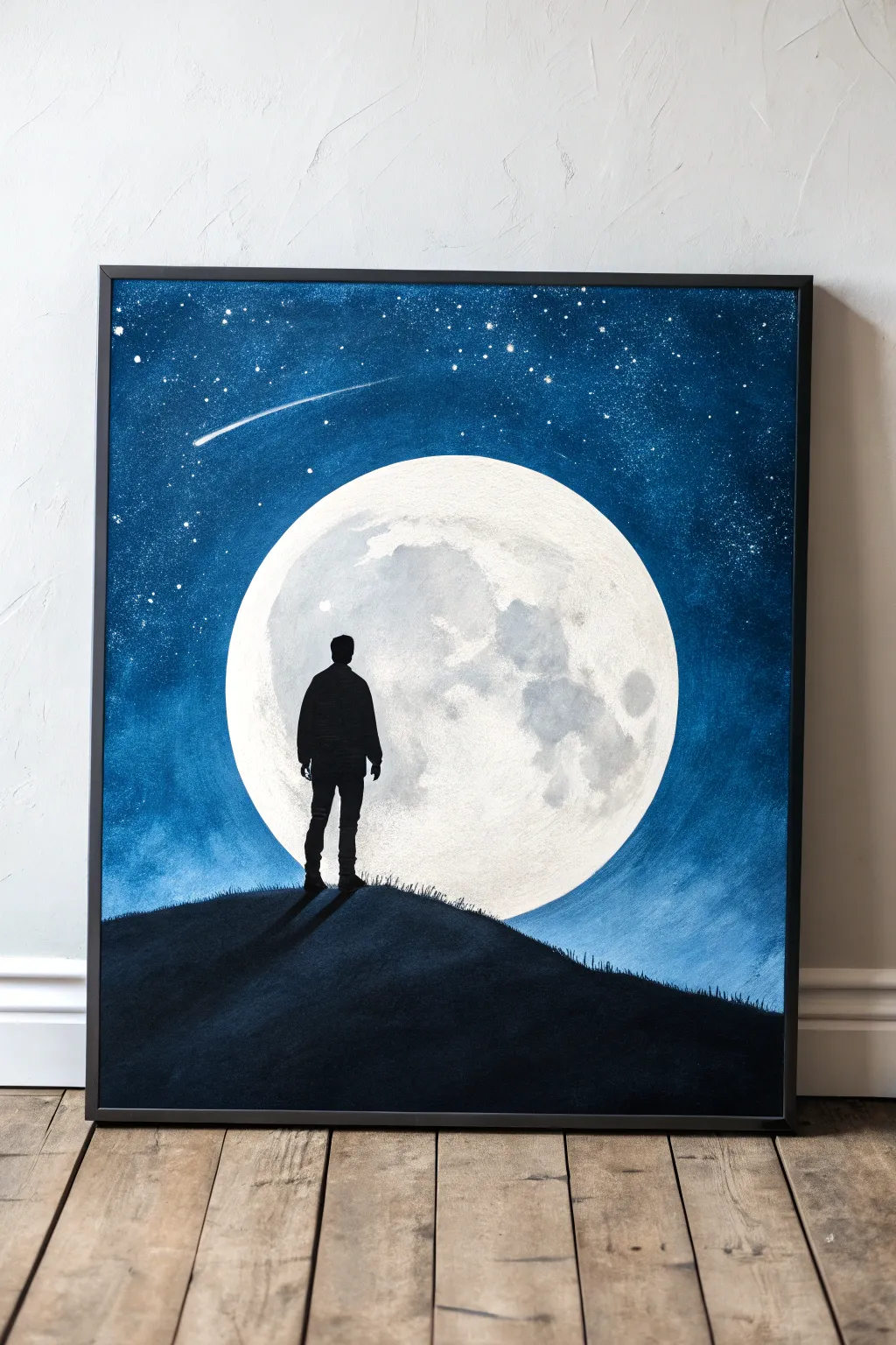 Minimal black silhouette beneath a glowing moon, painted in bold midnight blues for calm drama