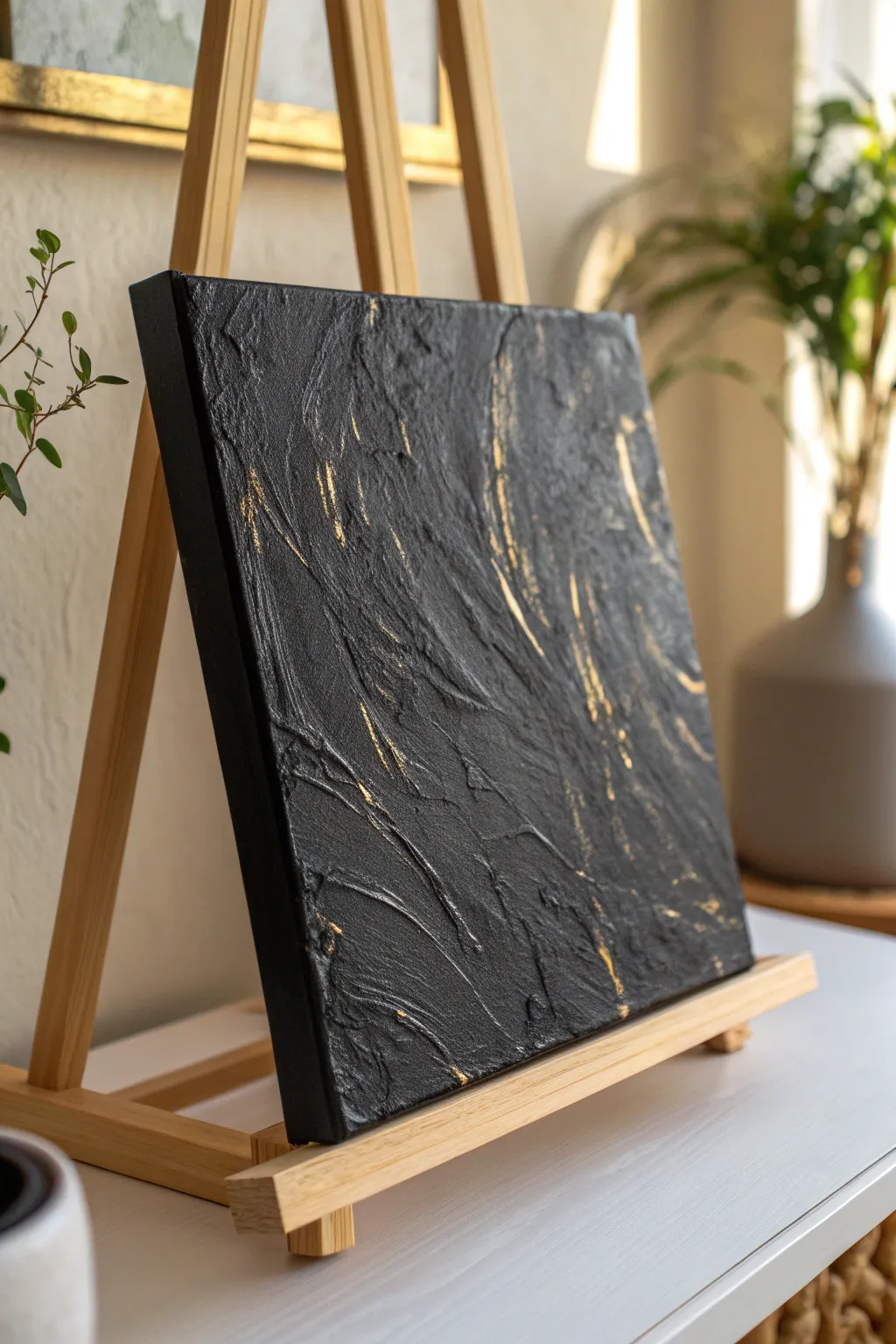 Textured matte black ridges kissed with gold dry brush for a modern minimalist boho glow