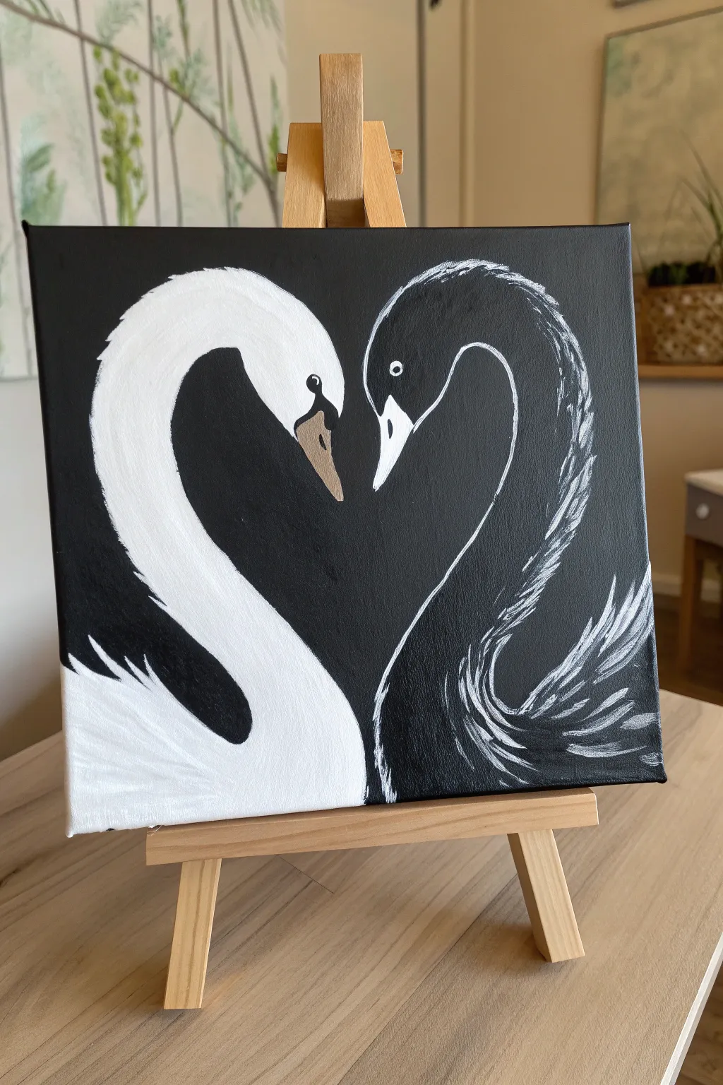 Yin-yang black and white canvas idea with mirrored curves, bold contrast, and calm minimal style