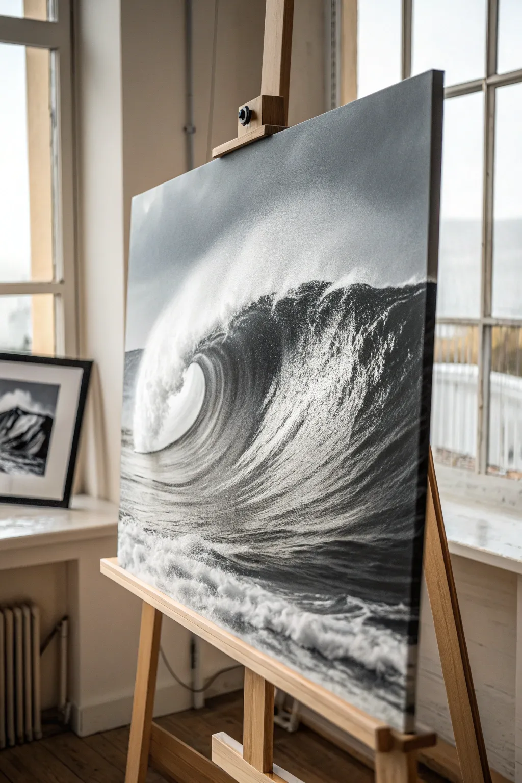 Monochrome ocean waves with crisp foam and soft gray layers for depth and drama.