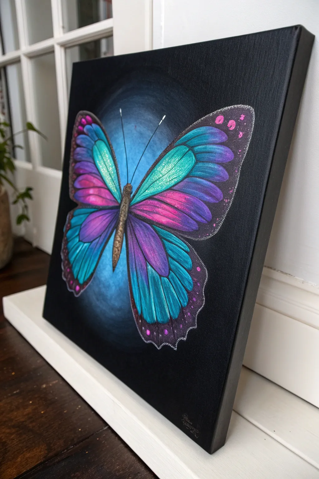 Glowing neon butterfly on matte black canvas, bold jewel tones with a soft airbrushed halo.