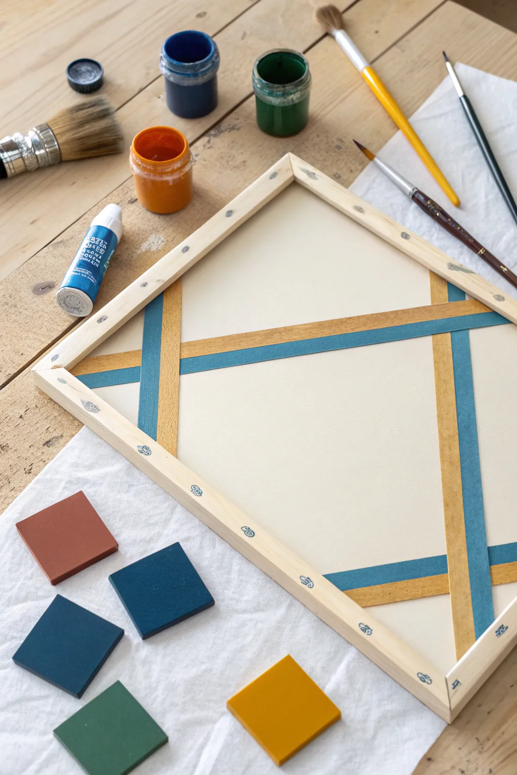 Crisp tape-resist triangles on a blank canvas, bright boho colors meet Scandinavian minimalism.