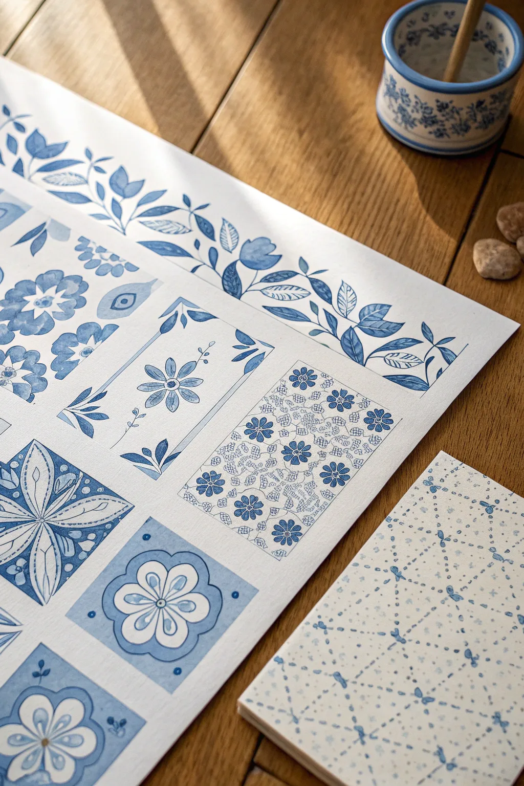 Porcelain-inspired blue motifs on crisp white paper for a clean, modern pattern study