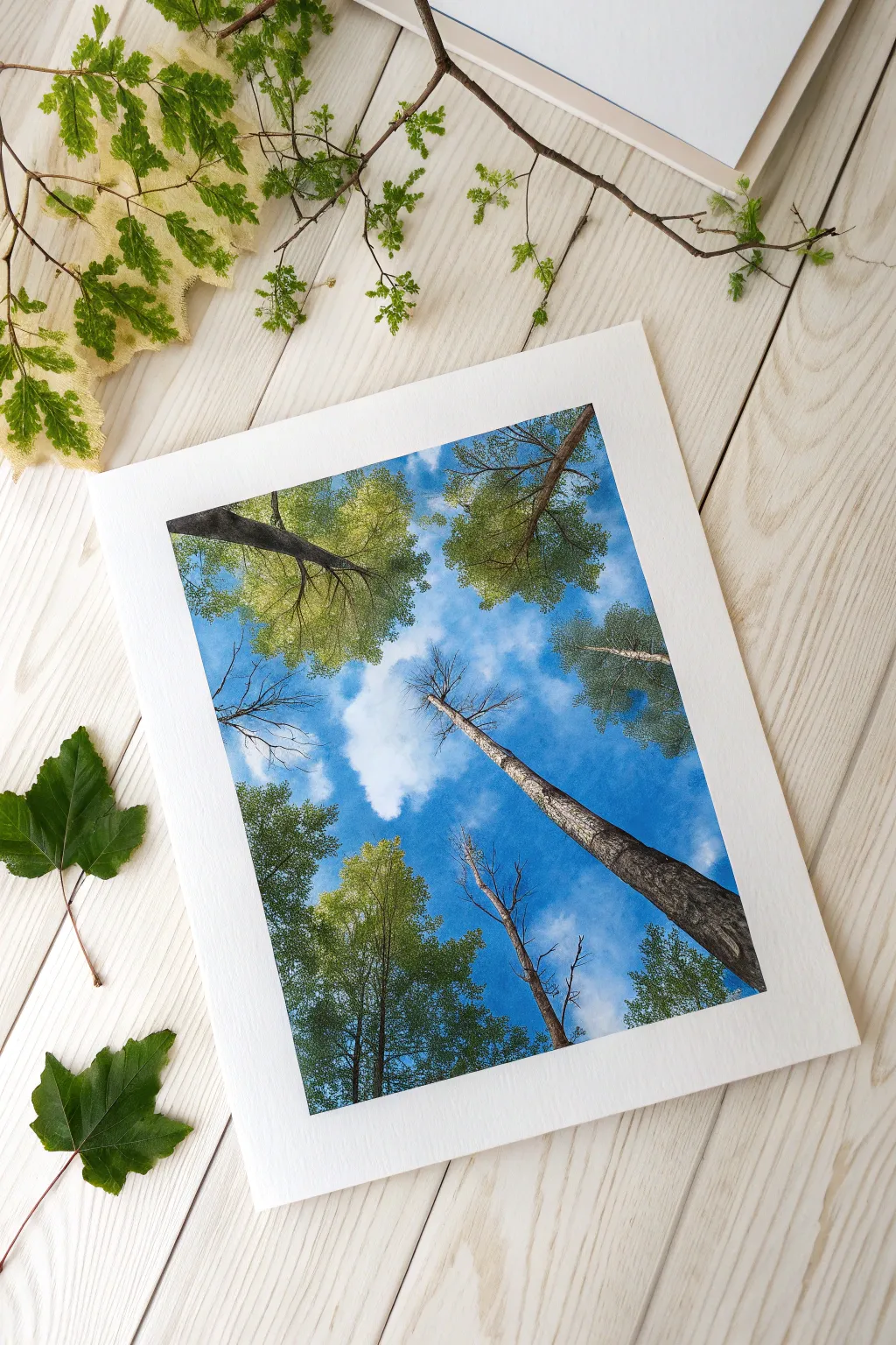 Upward tree-top frame with bold blue sky and soft clouds, a simple painting idea to try
