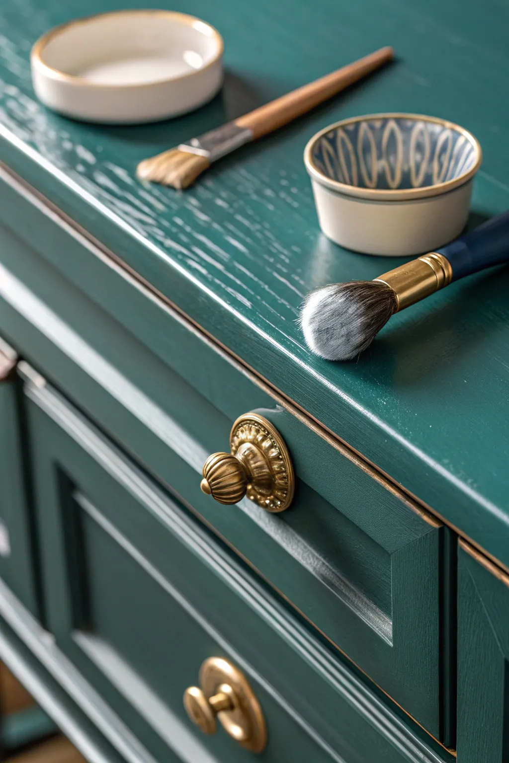 Elevate painted furniture with bronzy hardware accents for an effortless modern boho finish