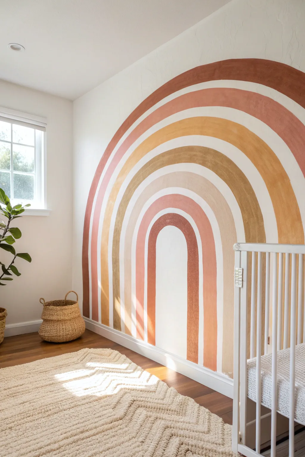 Muted rainbow arc mural for a cozy boho nursery, Scandinavian minimalism in warm earthy tones
