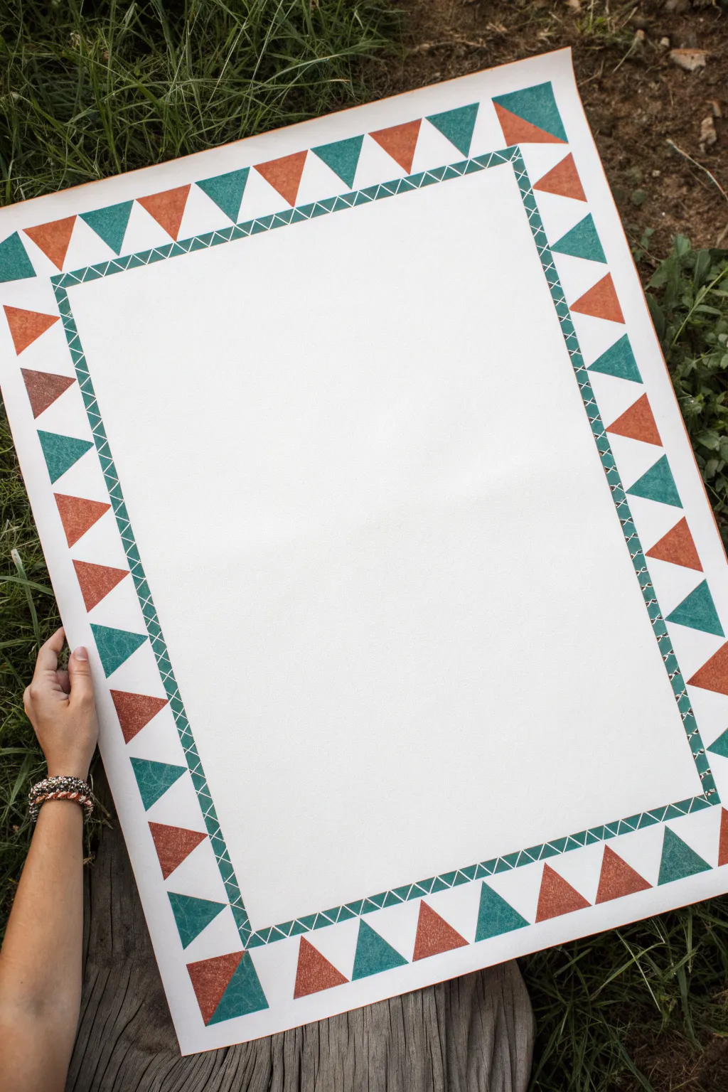 Triangle border pattern in bold terracotta and teal for a clean Scandinavian-boho poster edge