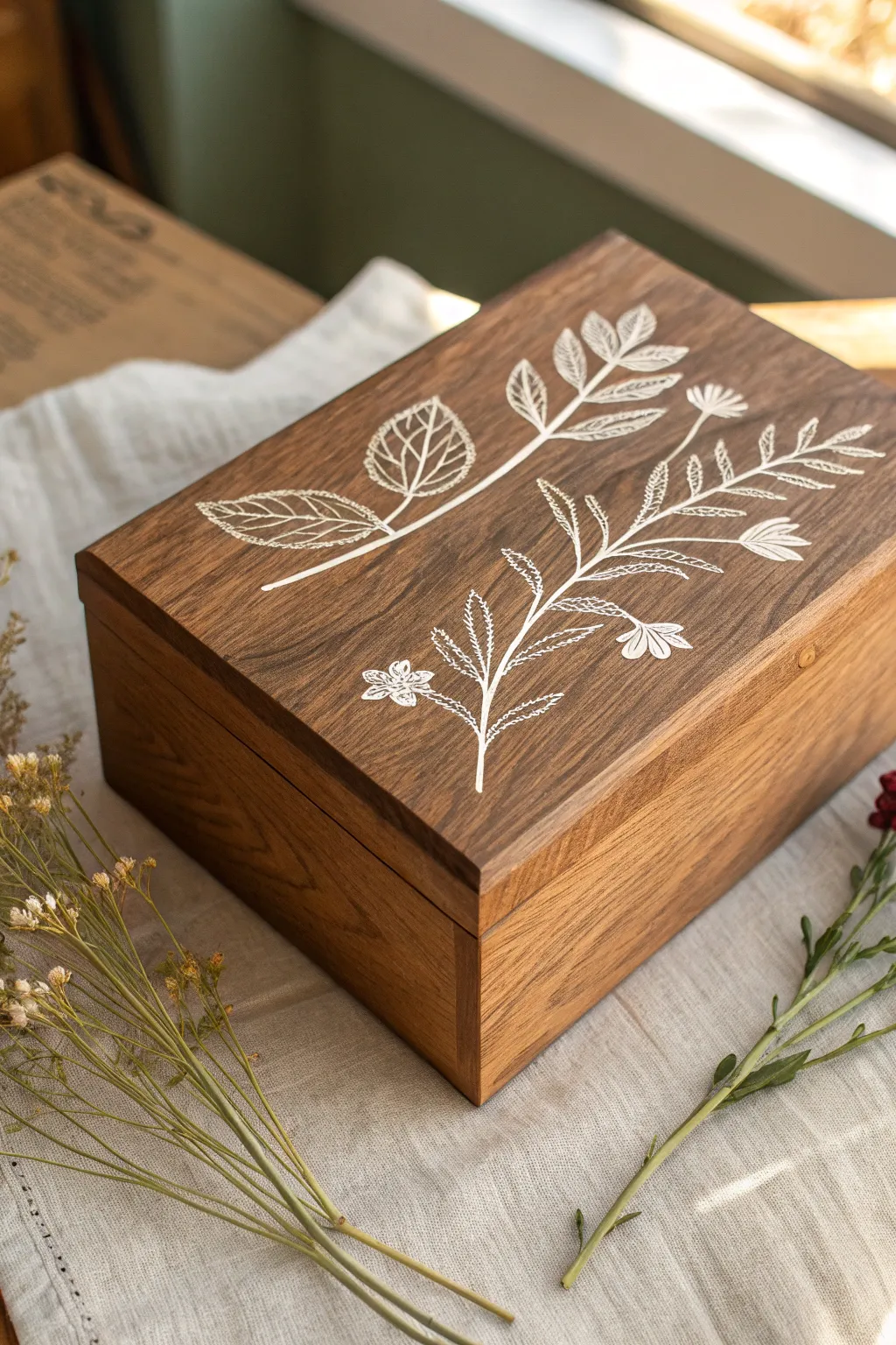 Stained wood box with crisp white botanical line art for a warm minimalist boho look