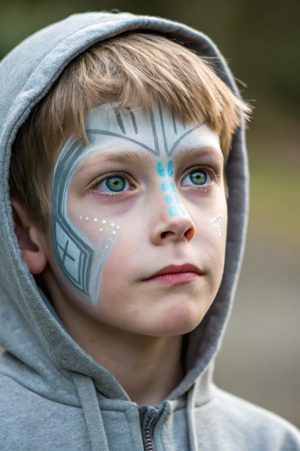 Robot half-face paint for boys with metallic panels and a striking glowing lens eye