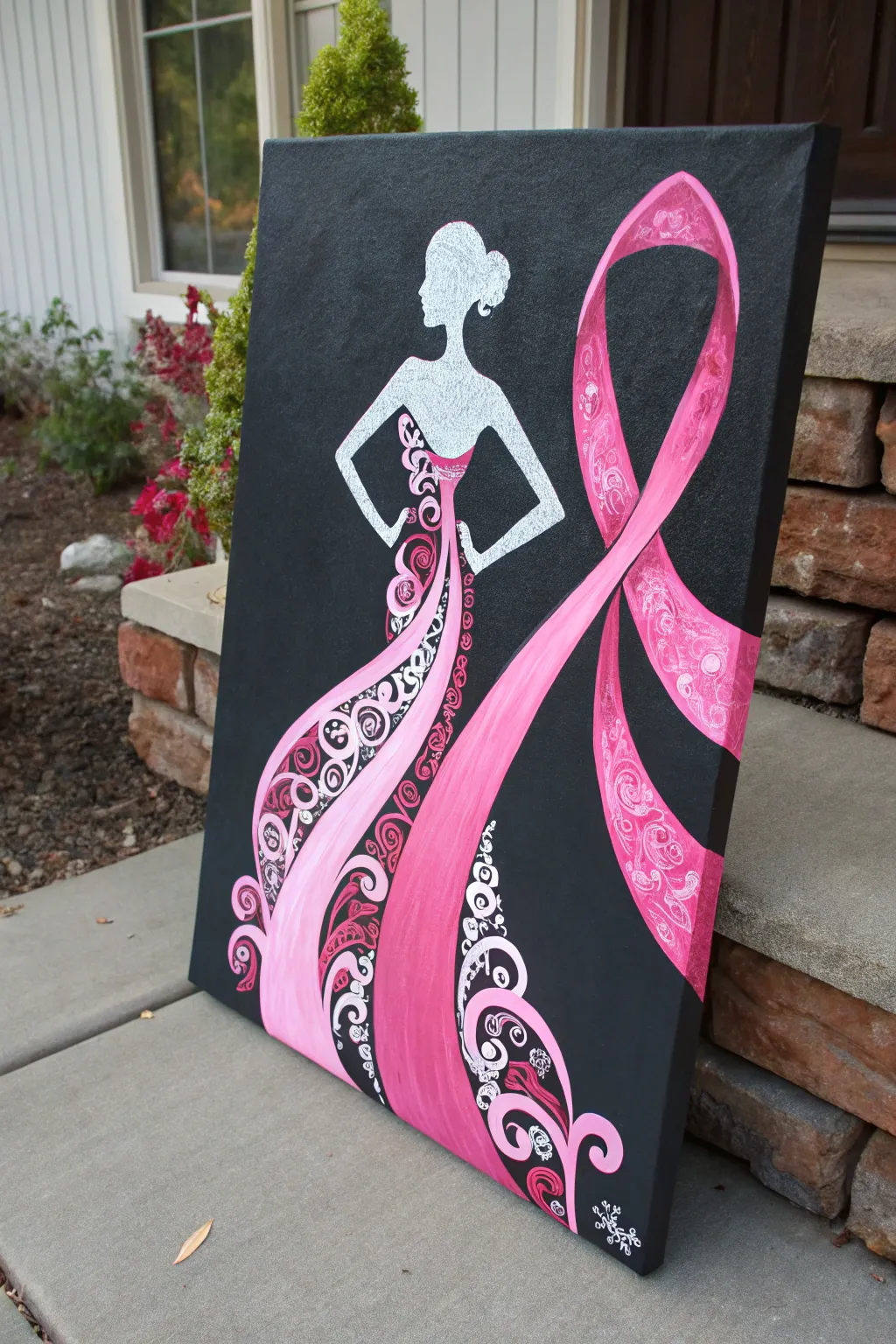 Satin-pink ribbon dress silhouette on minimalist canvas, bold contrast and soft boho calm.