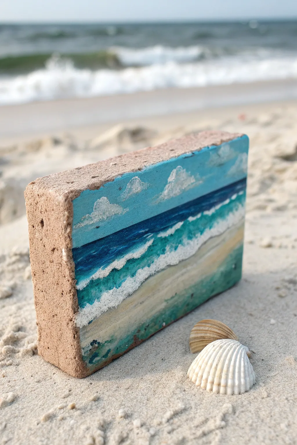 Ocean-wave brick mini landscape with bold blues, foamy details, and a soft beachy vibe