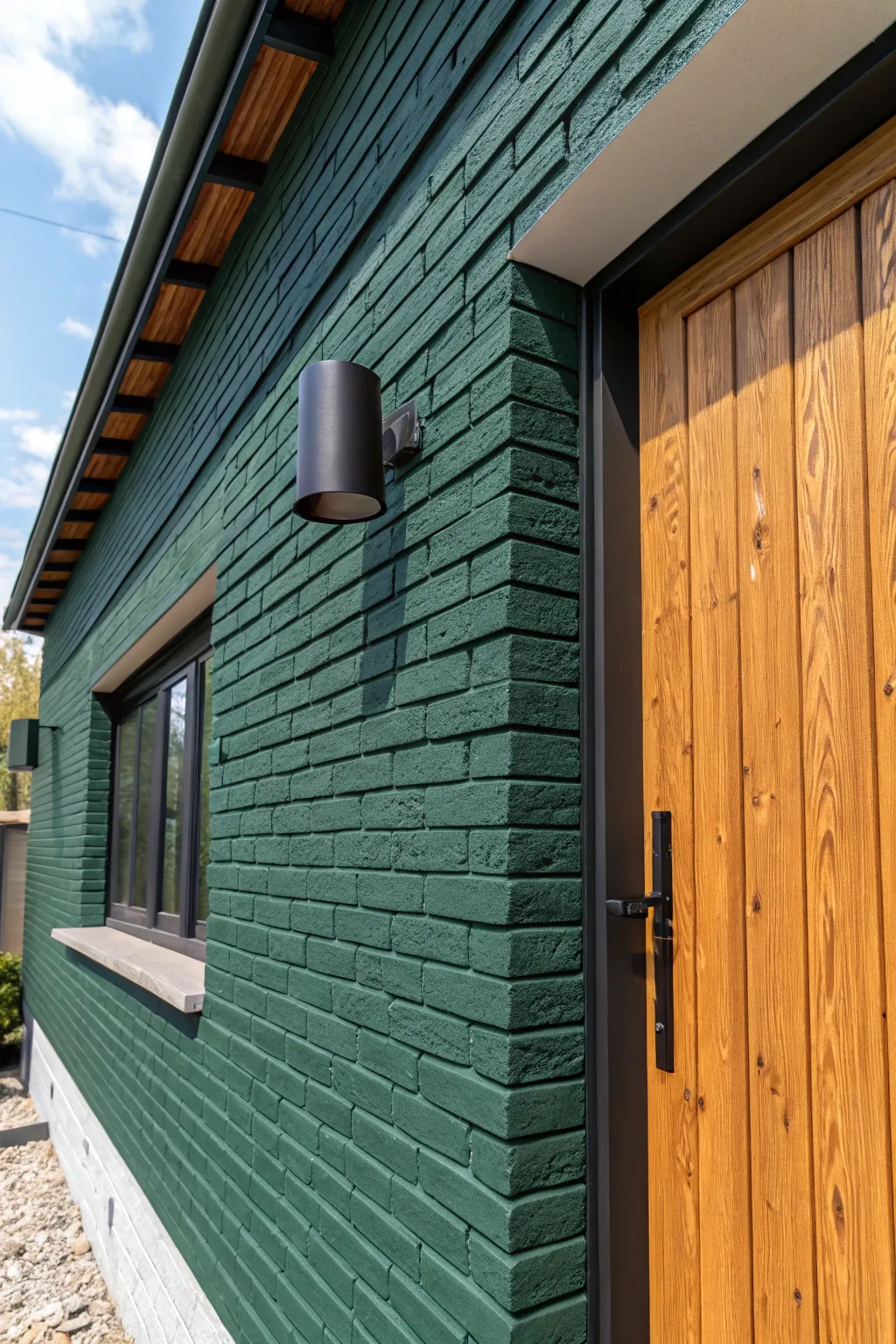 Deep forest green painted brick meets warm cedar wood for a moody modern exterior.