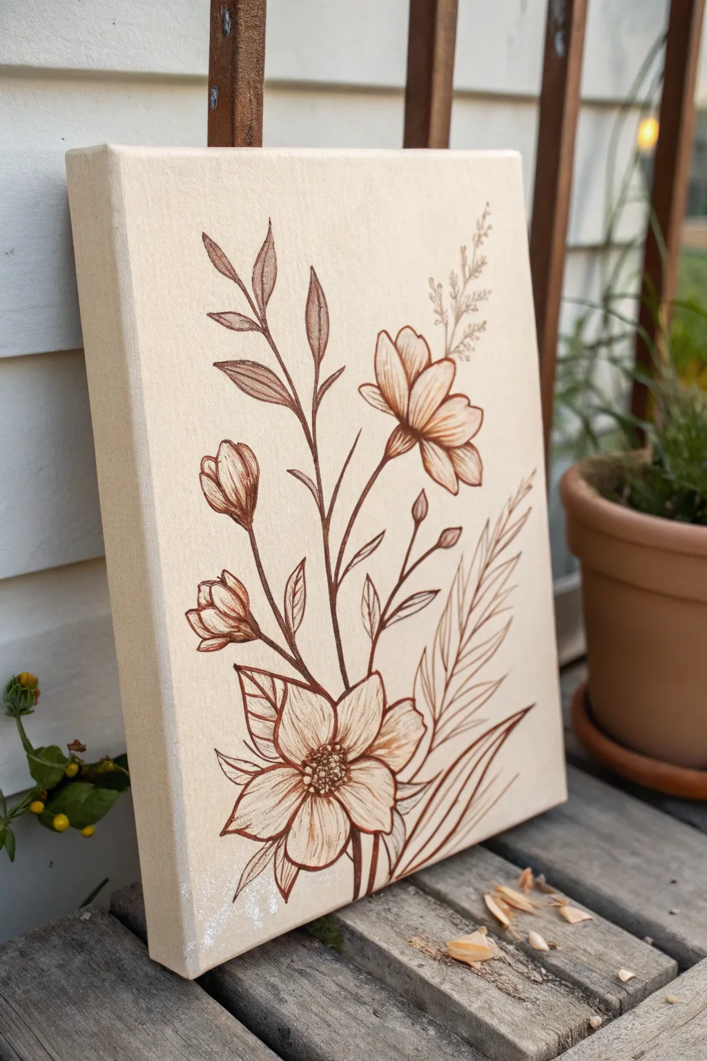 Minimal brown floral line art bouquet on a latte gradient canvas, calm Nordic style with boho warmth