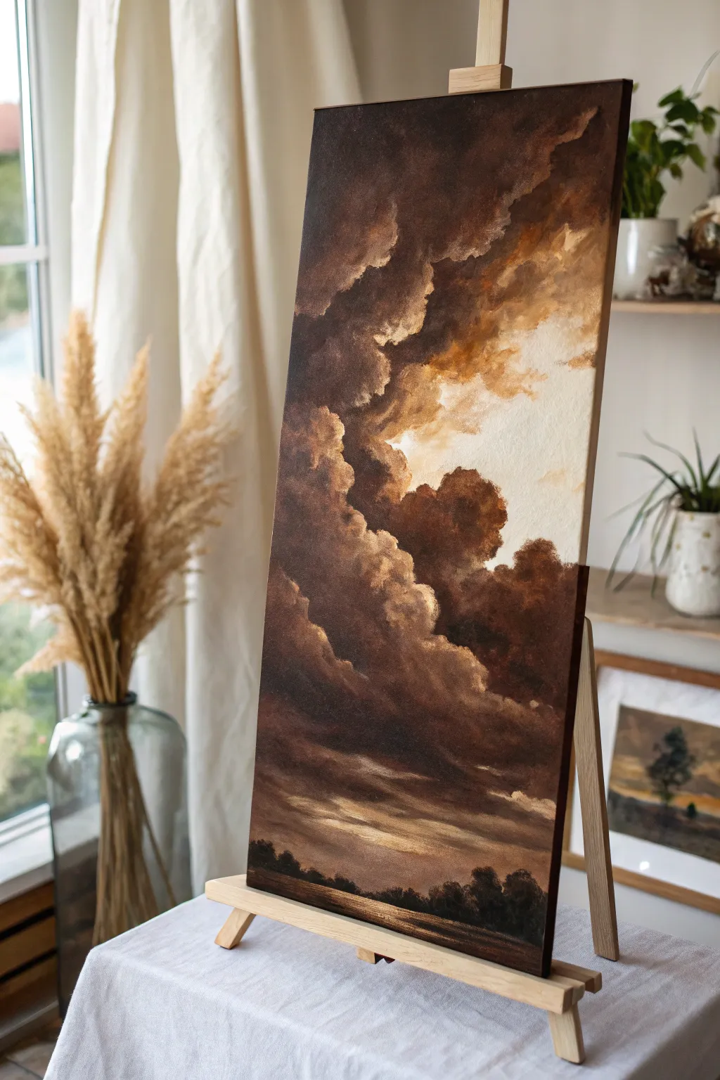 Chocolate-and-cream cloudscape: dramatic storm browns with cozy glowing breaks for your next painting.