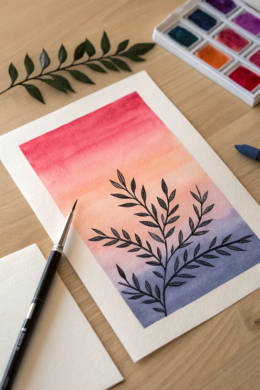 Sunset gradient brush pen blend with a bold black silhouette for an easy, striking art idea