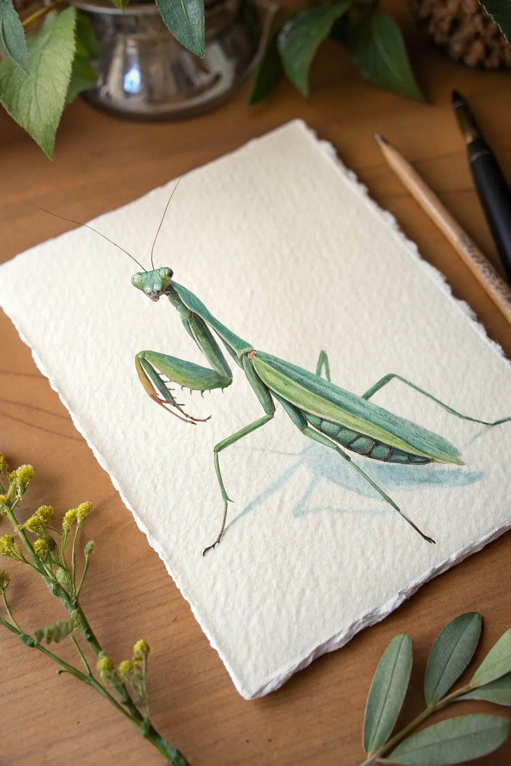 Praying mantis portrait pose: simple front view, folded arms, crisp green contrasts.