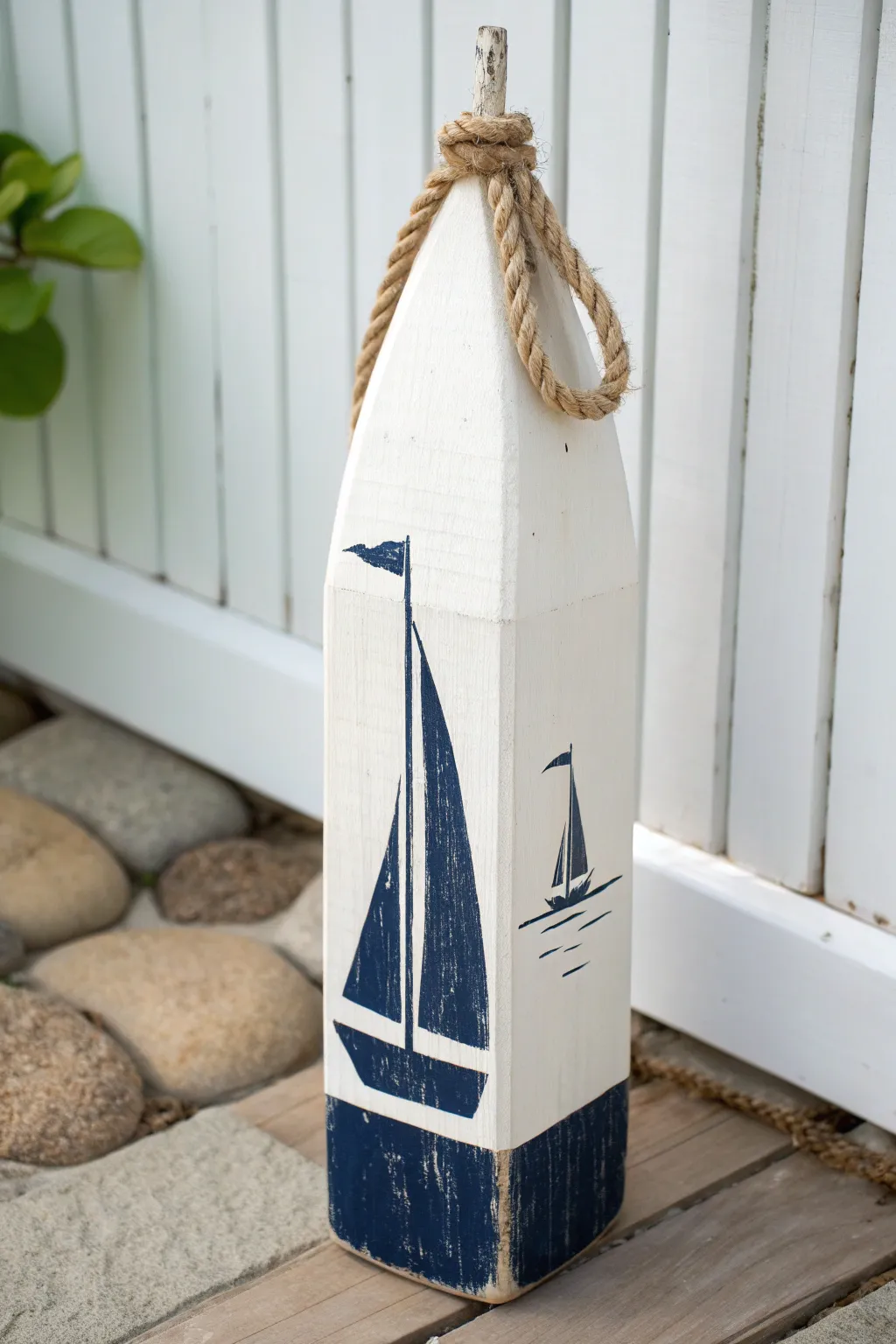 Minimal buoy painting: bold navy sailboat silhouette placed on the taper for a clean, coastal look