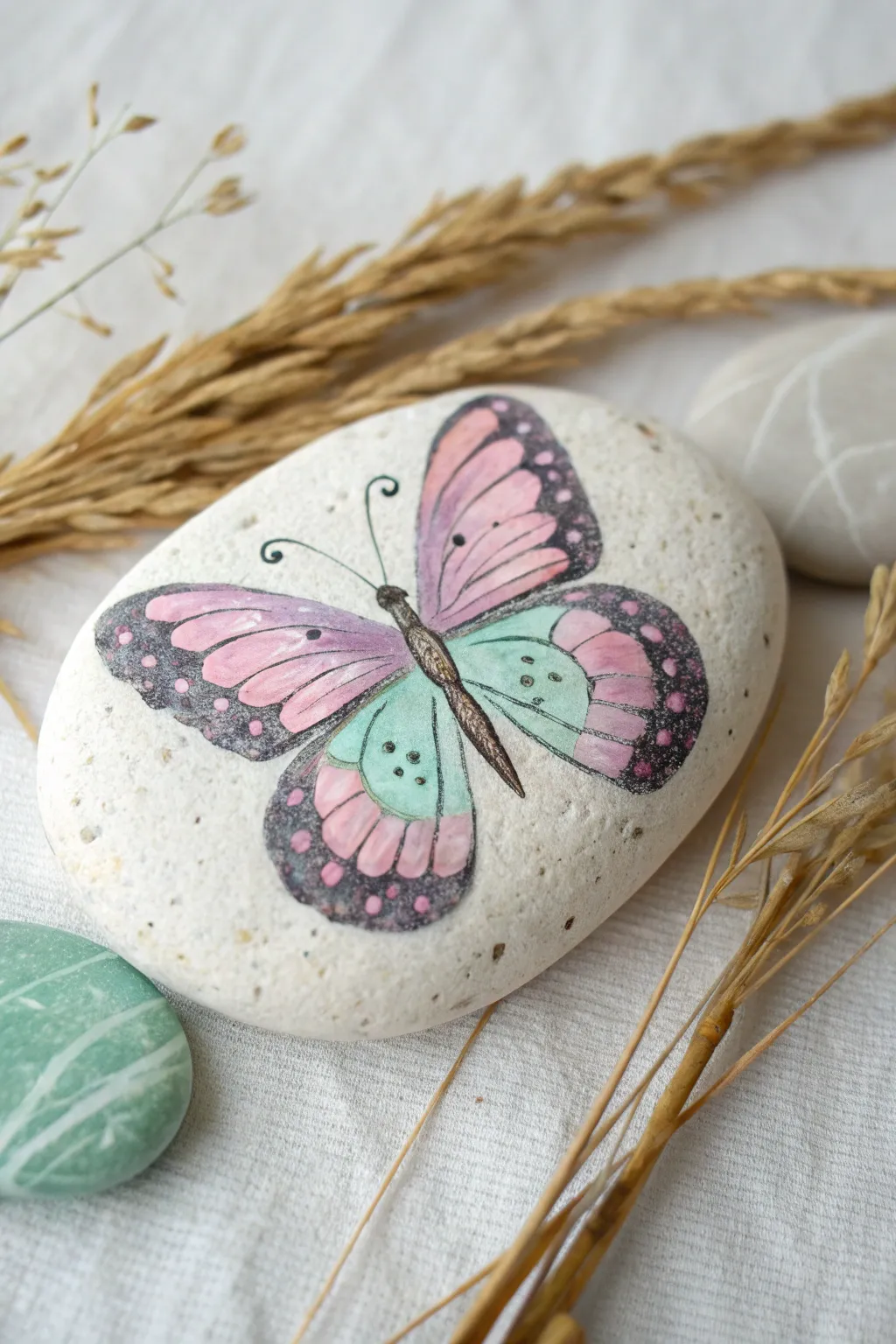 Soft pastel butterfly wings on a smooth painted rock, minimalist boho vibes and soothing contrast