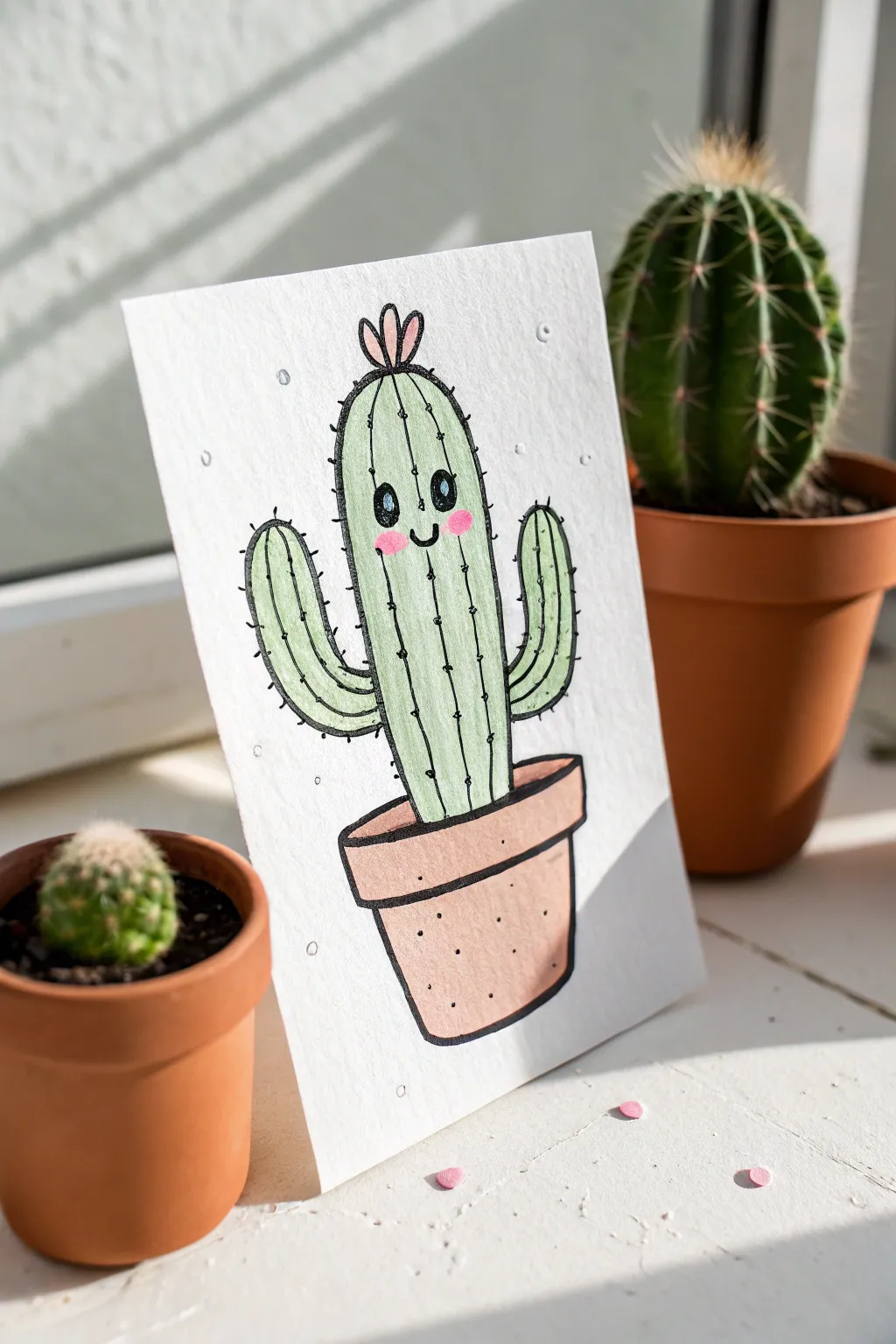 Cute kawaii cactus with rosy cheeks and a simple terracotta pot, minimal boho color pop