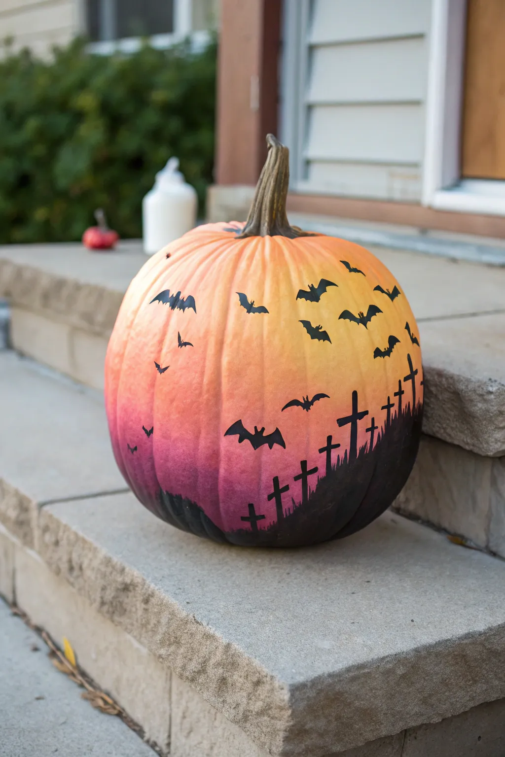 Calabaza ombre atardecer con murciélagos: minimal boho, contraste fuerte y súper otoñal.