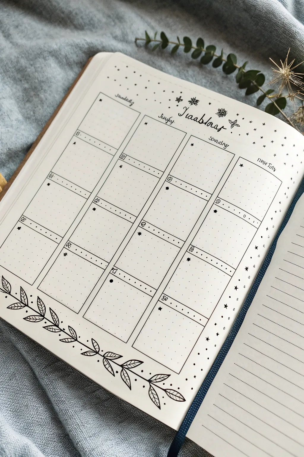 Vertical list monthly calendar doodle with boho week dividers and a bold current-week highlight
