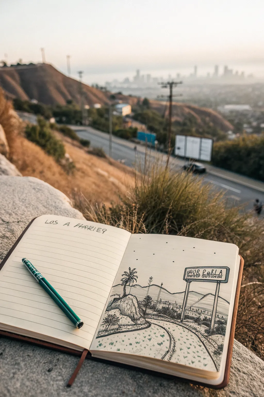 Minimal LA hillside and skyline sketch idea with bold color washes and clean, cozy contrast