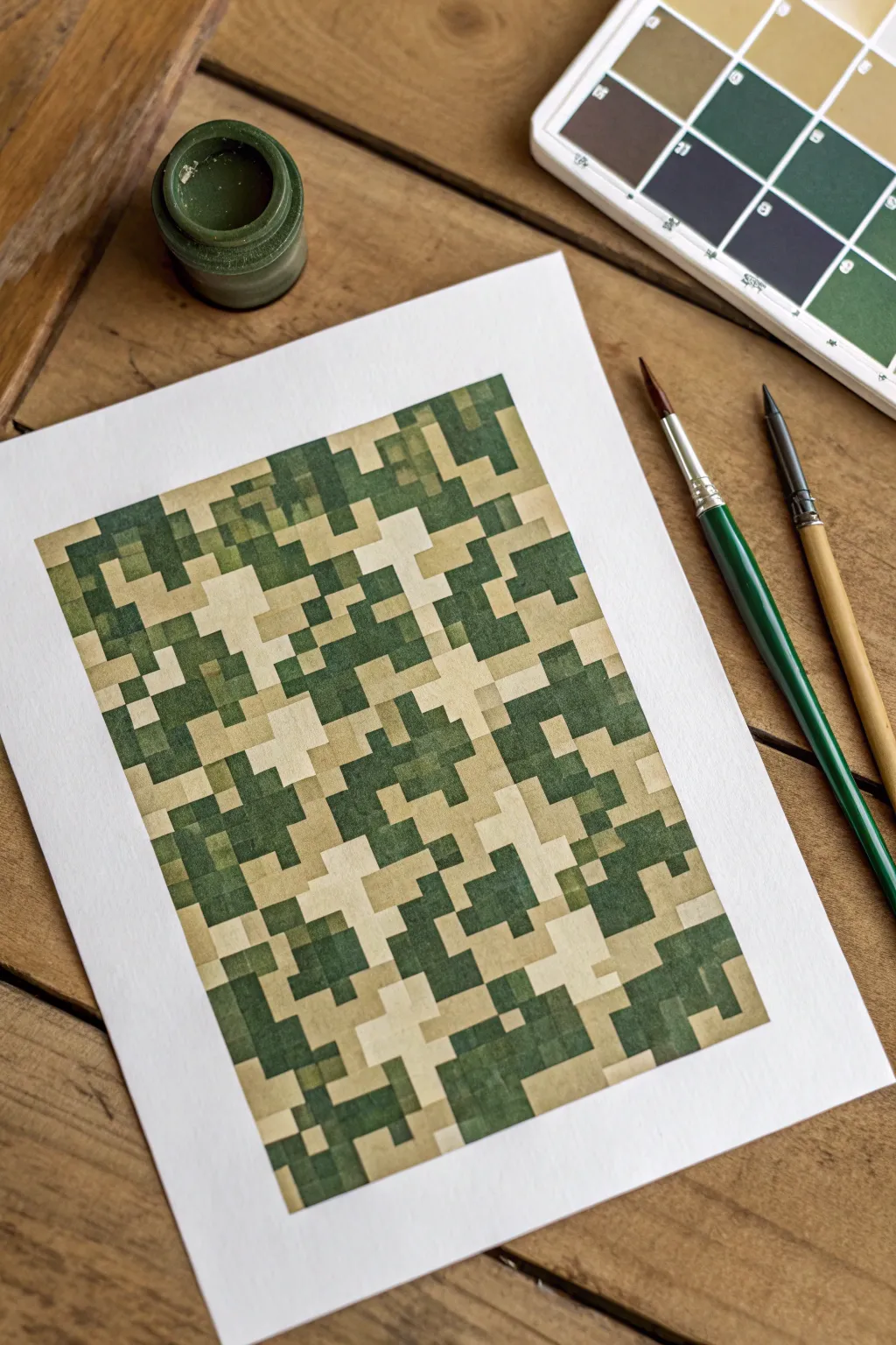 Digital camo pixel blocks on crisp grid paper, bold earthy tones in minimalist boho style