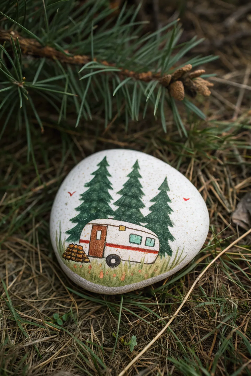 Cozy camper rock painting with pine details, bold boho hues, and minimalist Scandinavian calm.