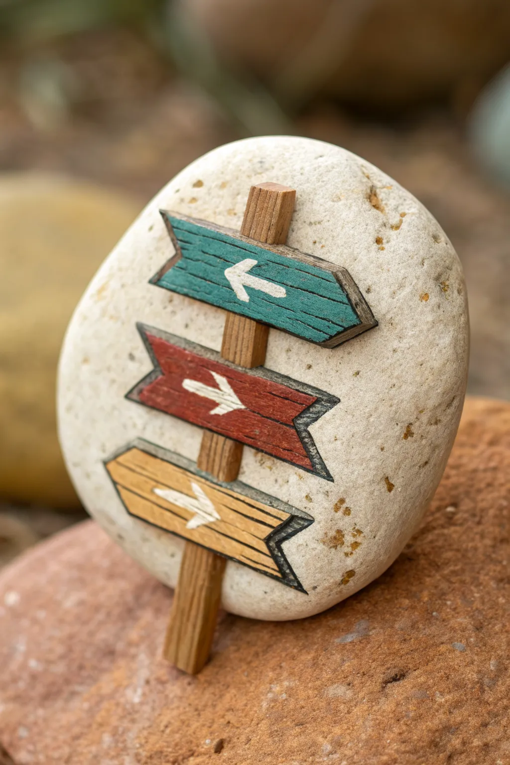 Trail signpost painted rock idea in minimalist boho style with bold colors and clean contrast
