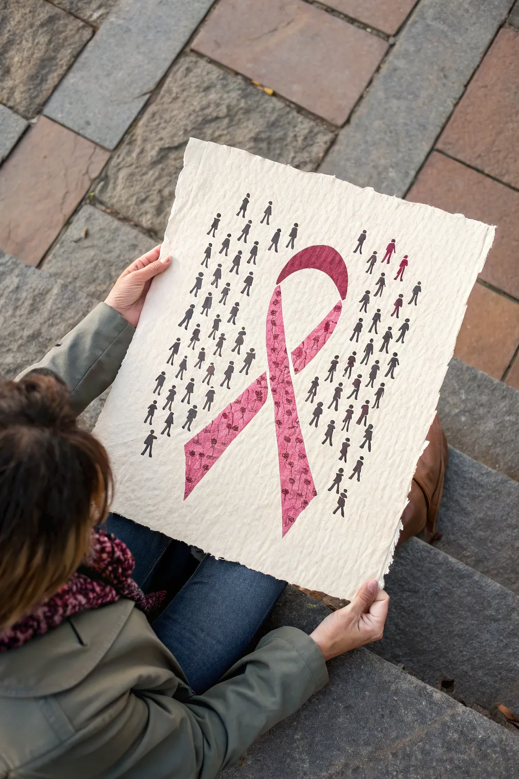 Minimal ribbon art: community silhouettes forming a bold cancer awareness symbol, simple and striking.