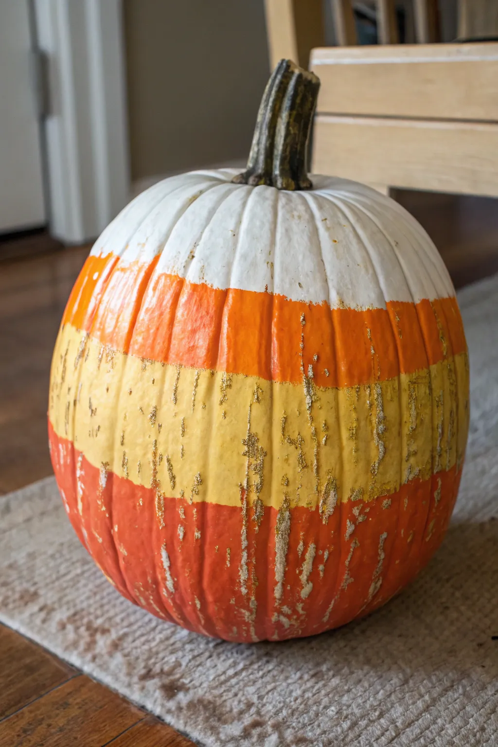 Farmhouse candy corn stripe pumpkin with distressed edges, bold color contrast, and calm neutral styling.