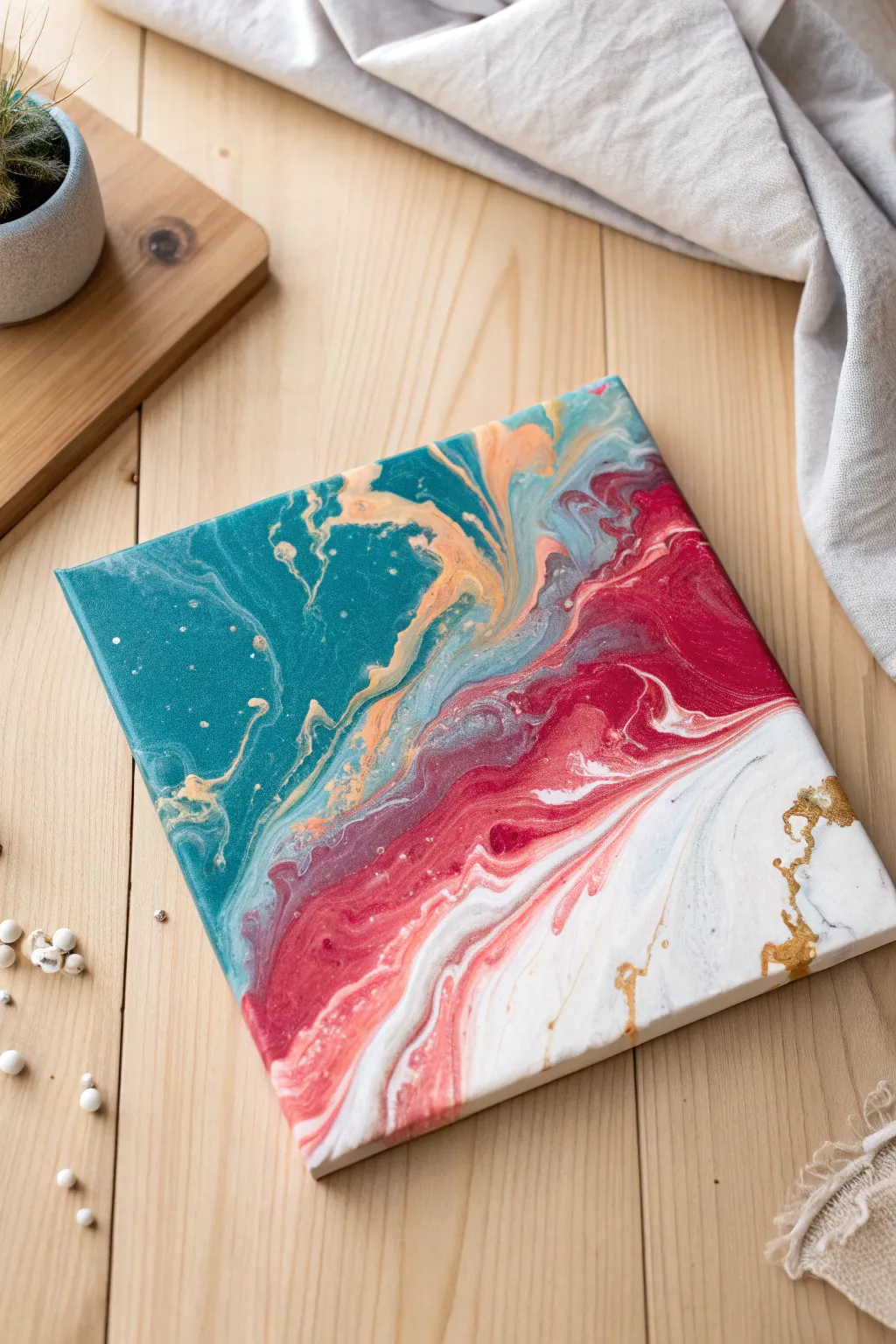 Glossy acrylic pour pools with marbled cells in bold jewel tones, captured in a clean Nordic studio.