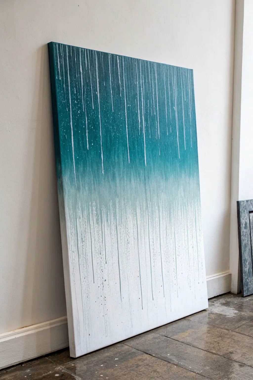 Minimalist rain-drip canvas in teal, gray, and white for a bold yet calm background idea