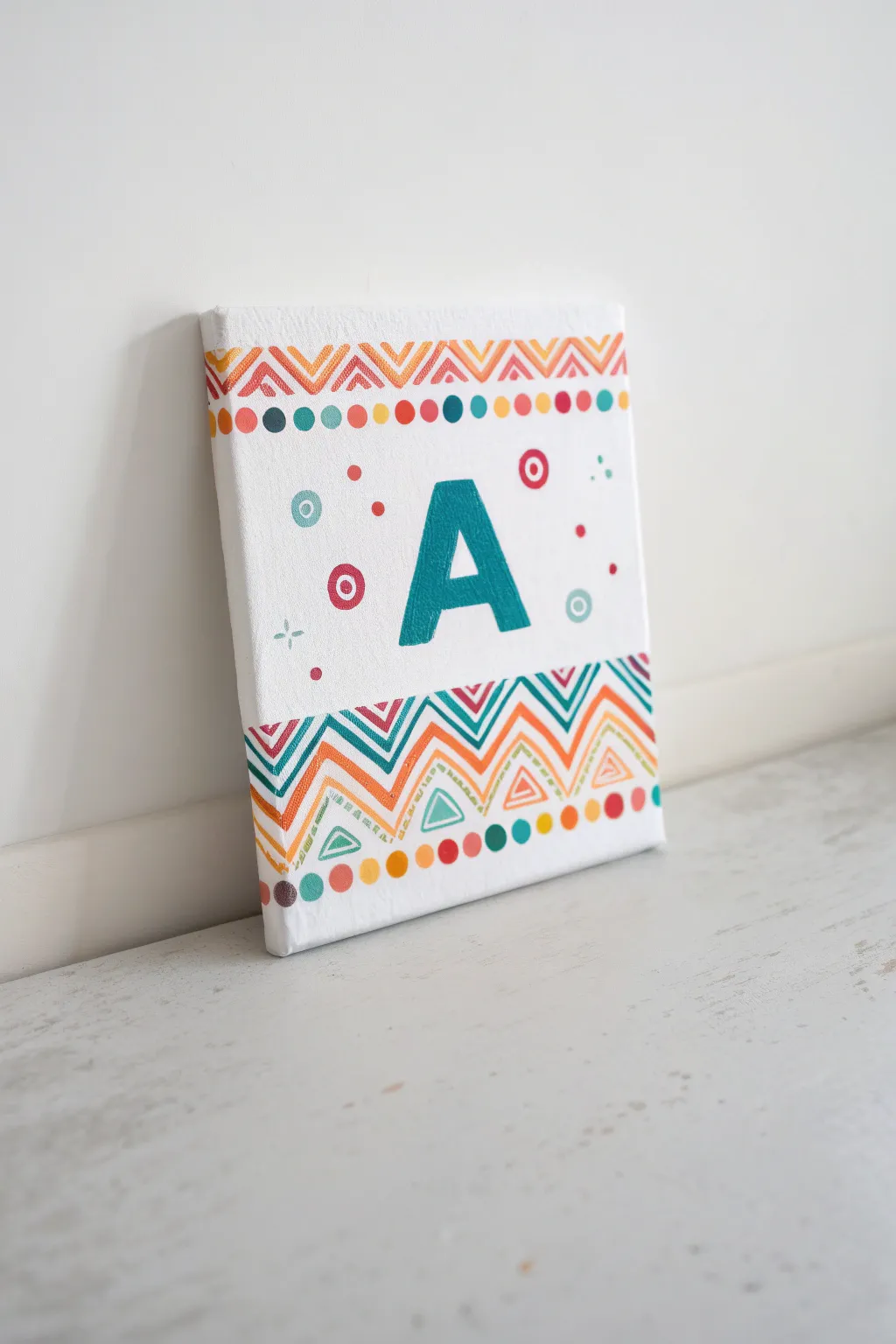 Big initial letter canvas idea kids will love, modern Scandinavian boho colors on clean white.
