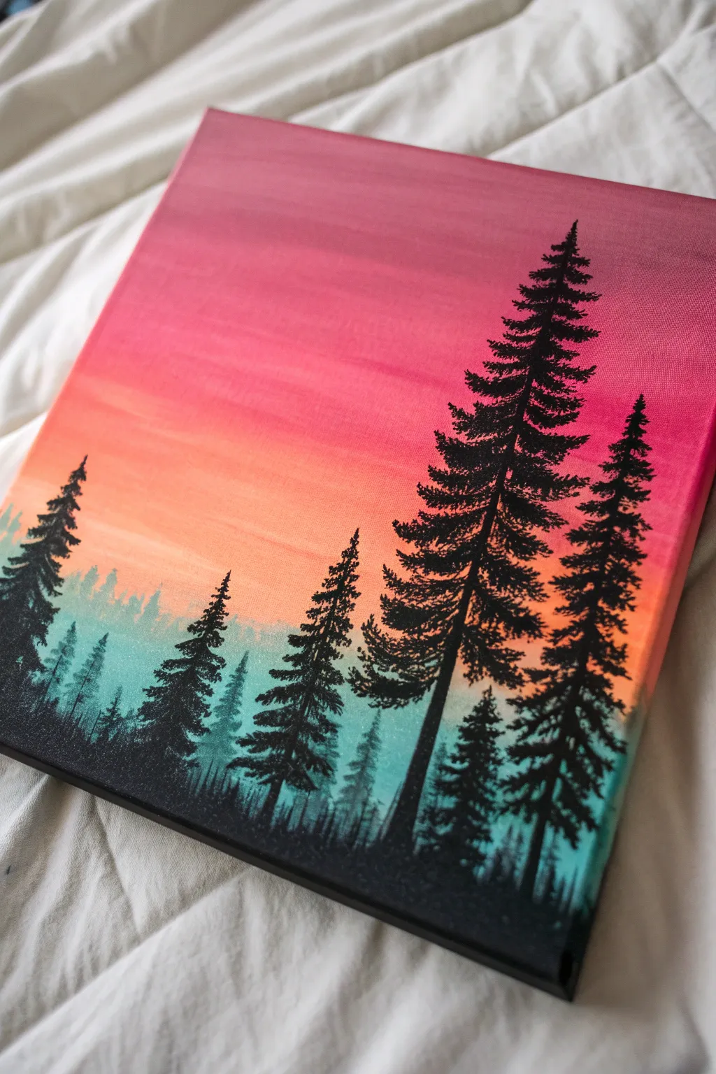 Bold pine silhouettes pop against a sunset gradient for an easy, modern canvas painting idea.