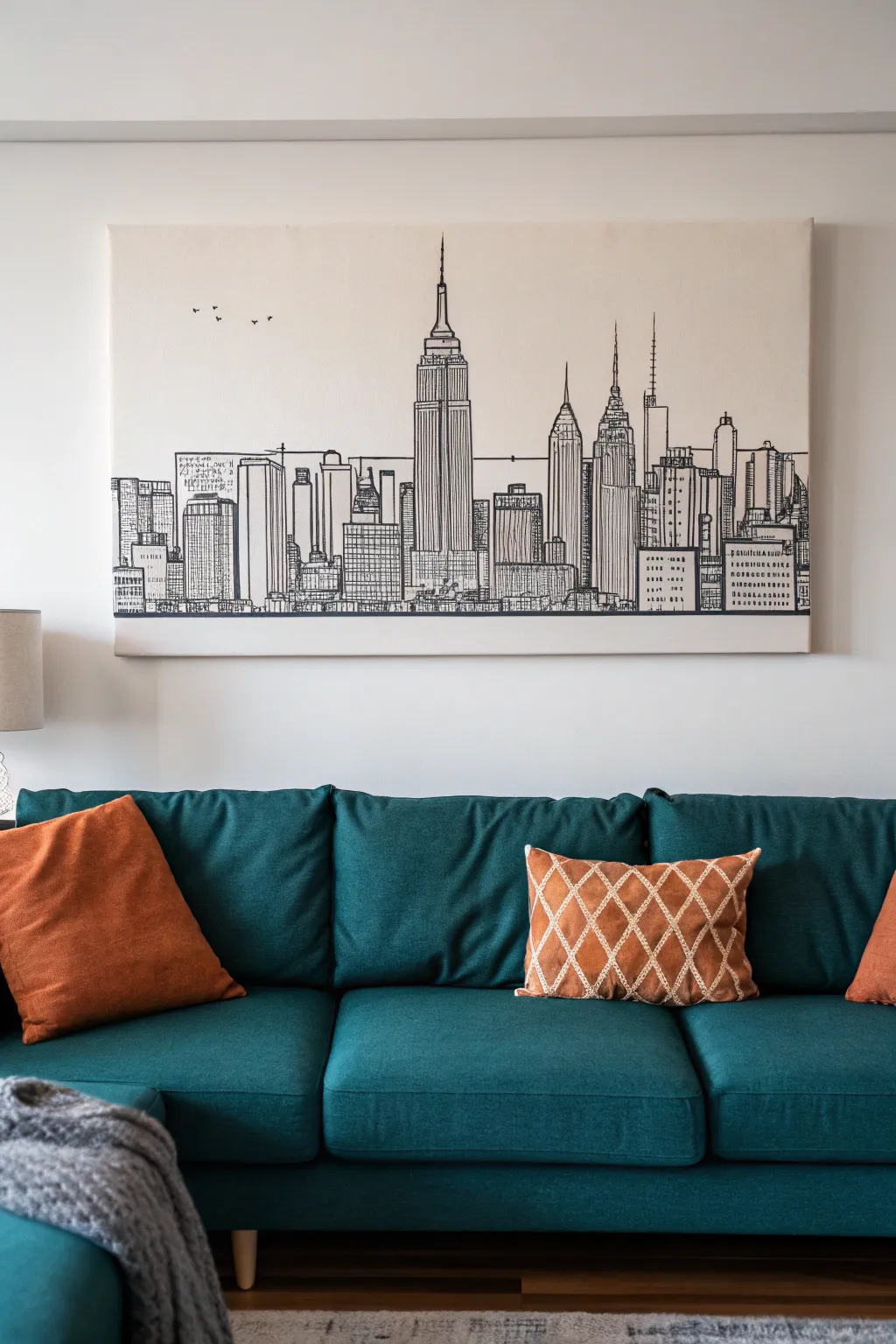 Minimalist skyline canvas with bold contrast for a sleek, modern living room statement