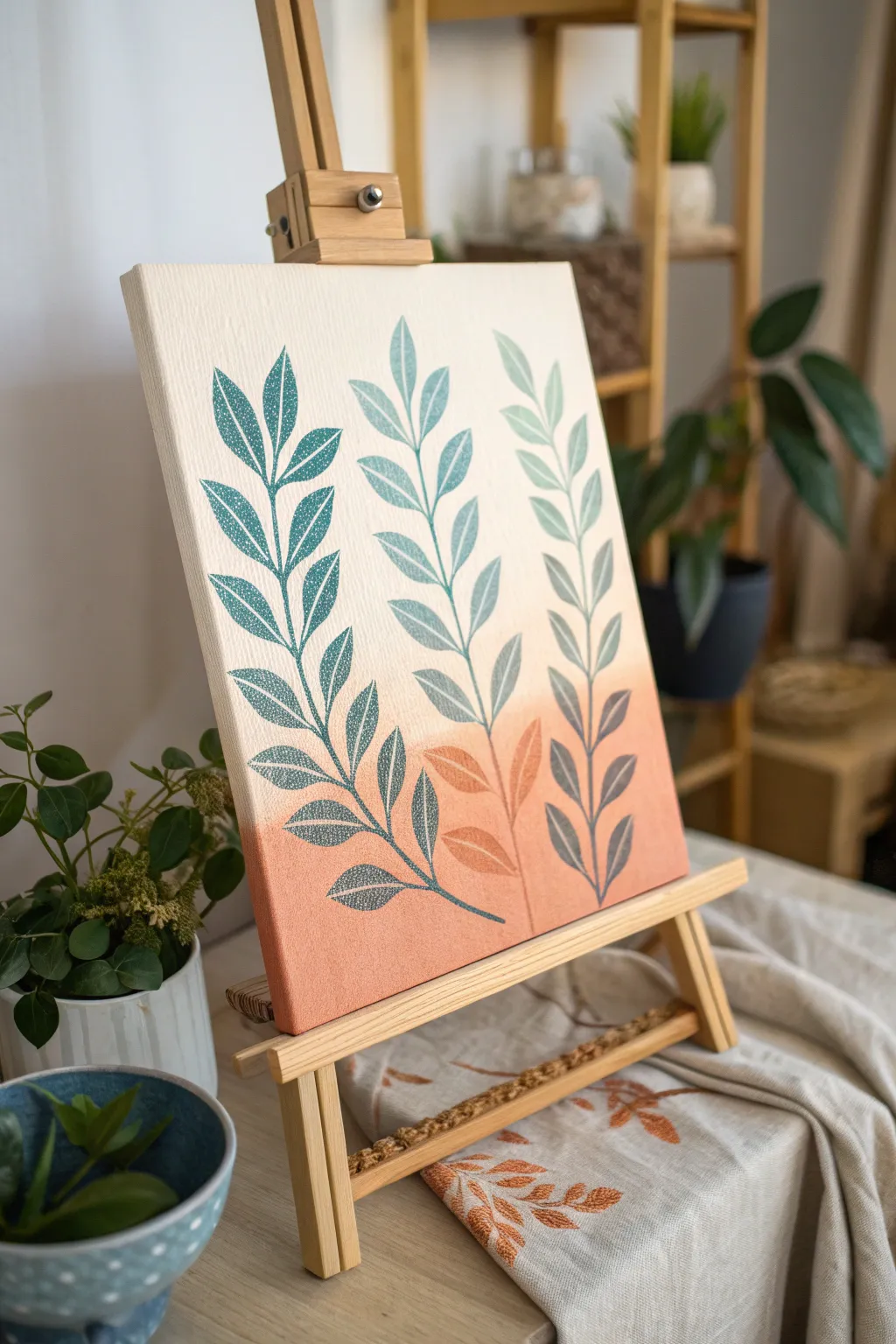 Soft ombre canvas with a clean stencil motif, minimalist yet bold for an easy DIY statement