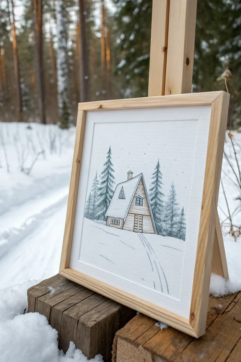 Minimal cabin and snowy evergreens on canvas, warm window glow against winter white.