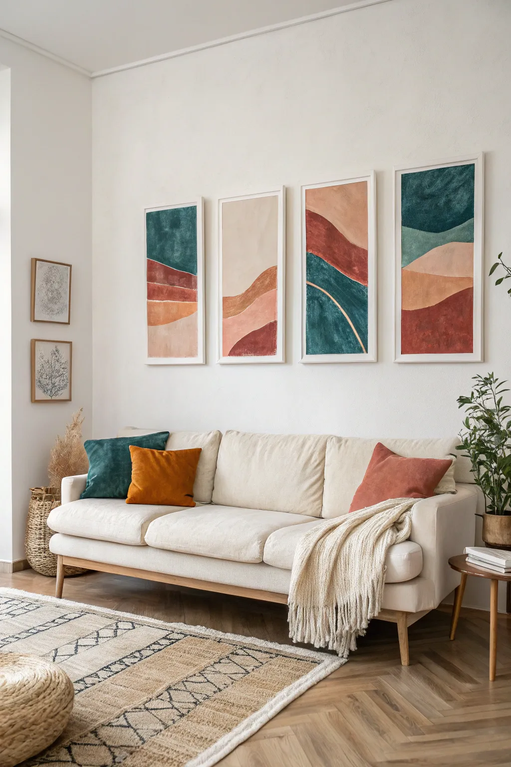 Five-panel canvas set above a linen sofa, bold boho colors with clean Scandinavian balance.